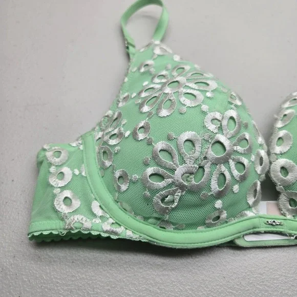 Victoria's Secret Women Bra 32B Green Floral Push Up Pigeonnant Underwired Lace - Picture 5 of 15